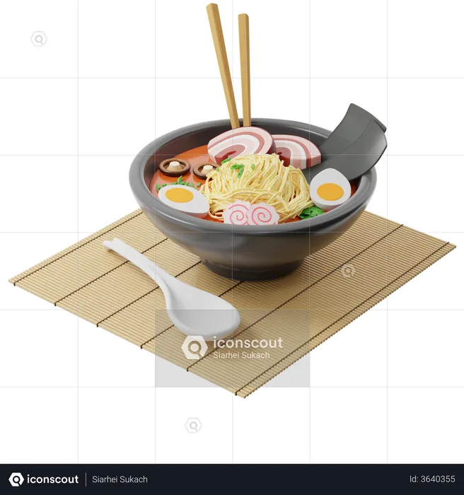 Japanese Ramen soup in a round plate on a bamboo mat  3D Illustration