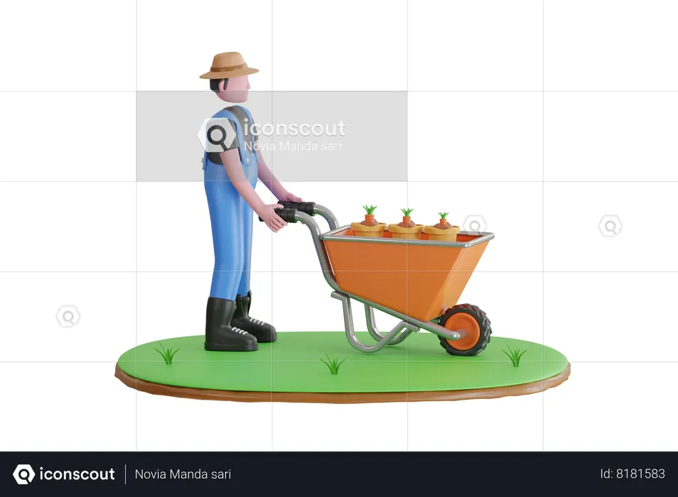 Jardinero empujando una carretilla con plántulas de plantas  3D Illustration