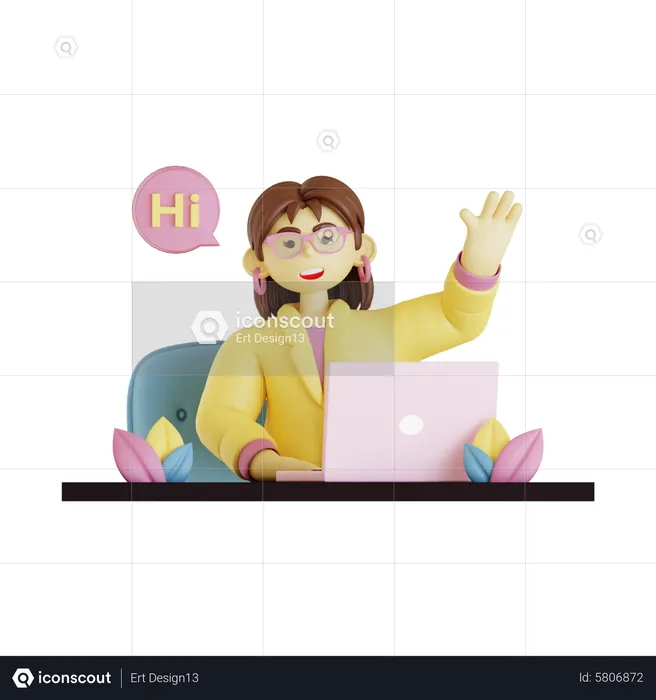 Une jeune femme dit bonjour au bureau  3D Illustration