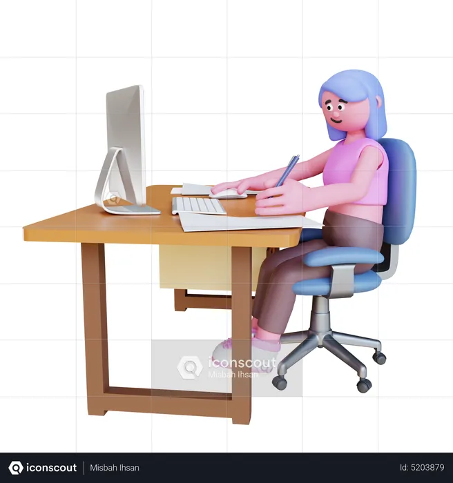 Jeune femme travaillant au bureau  3D Illustration