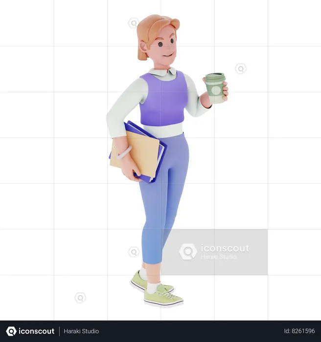 Jeune fille tenant un café et un rapport d'affaires  3D Illustration