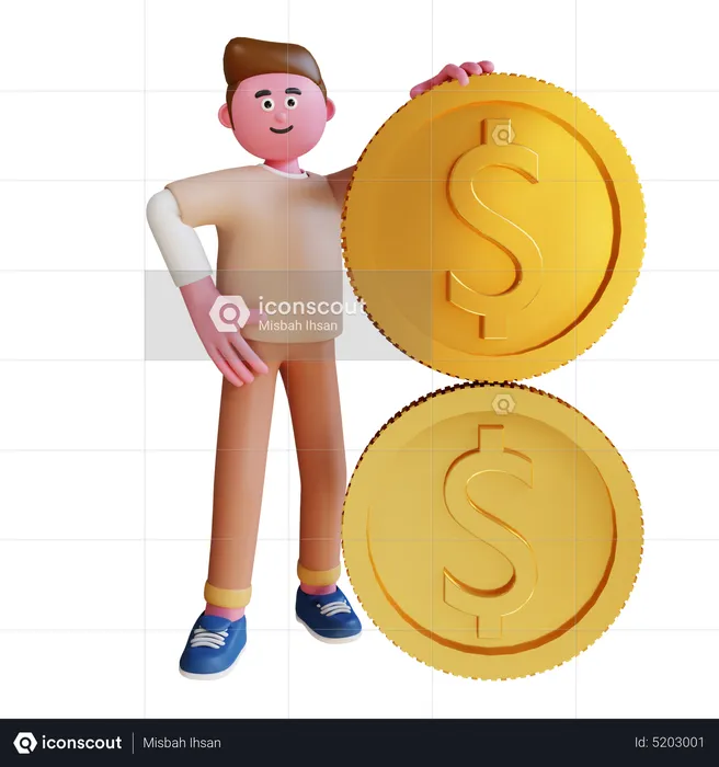 Jeune homme avec une grosse pièce d'un dollar  3D Illustration