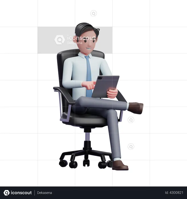 Jeune homme d'affaires assis avec les jambes croisées, jouant sur une tablette  3D Illustration