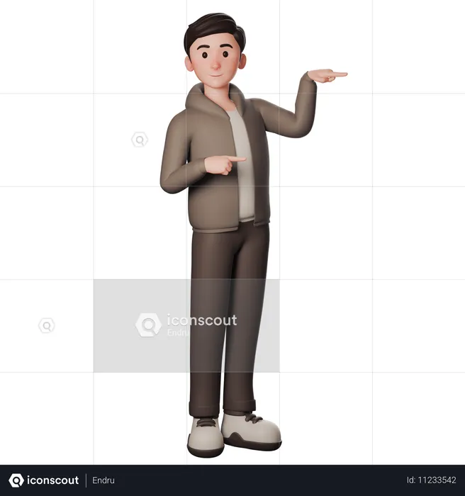 Jeune homme en robe marron pointant vers la droite avec les deux mains  3D Illustration