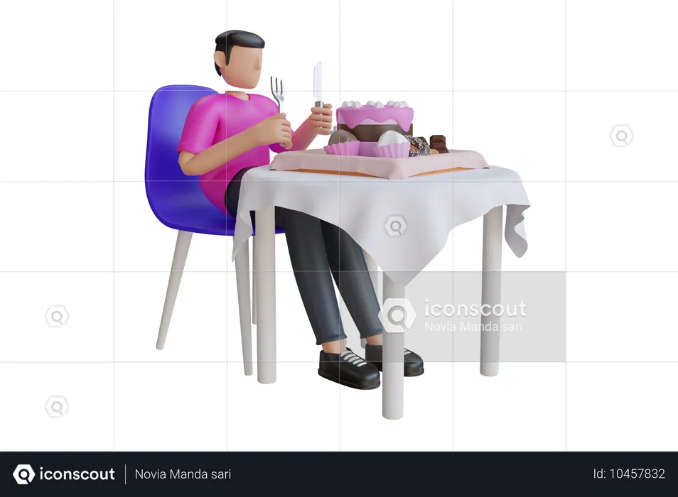 Jeune homme mangeant un gâteau  3D Illustration