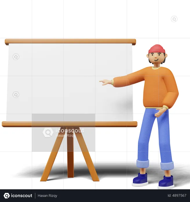 Jeune homme pointant sur un tableau blanc  3D Illustration