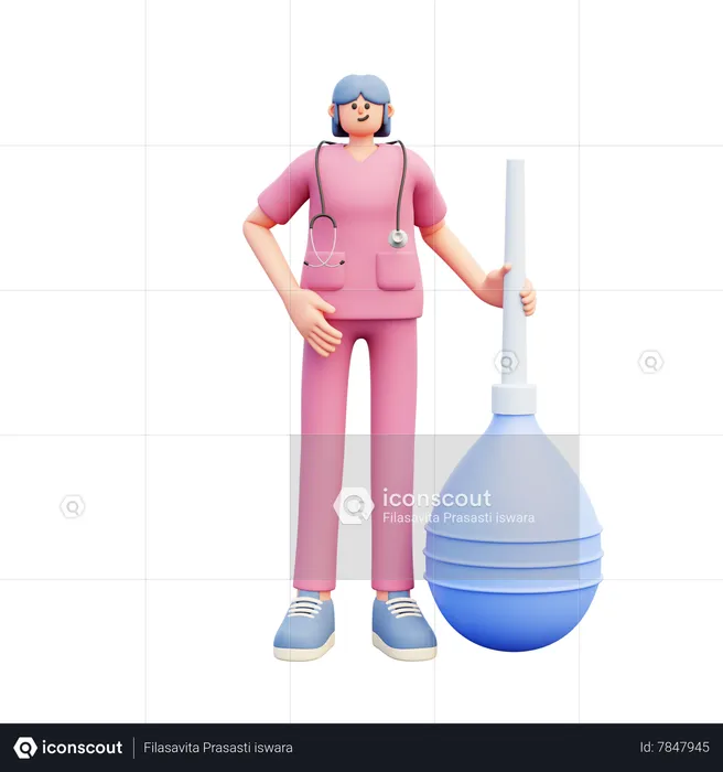 Jeune médecin debout près du grand clyster de lavement bleu  3D Illustration