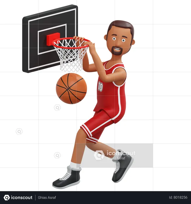 Jogador profissional de basquete salta e segura o anel de basquete  3D Illustration