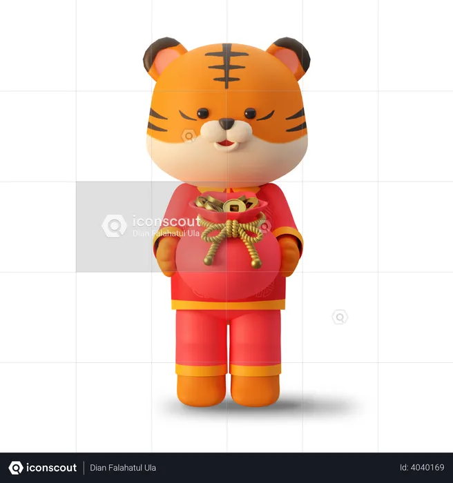 Tigre mignon tenant un sac d'argent chinois  3D Illustration