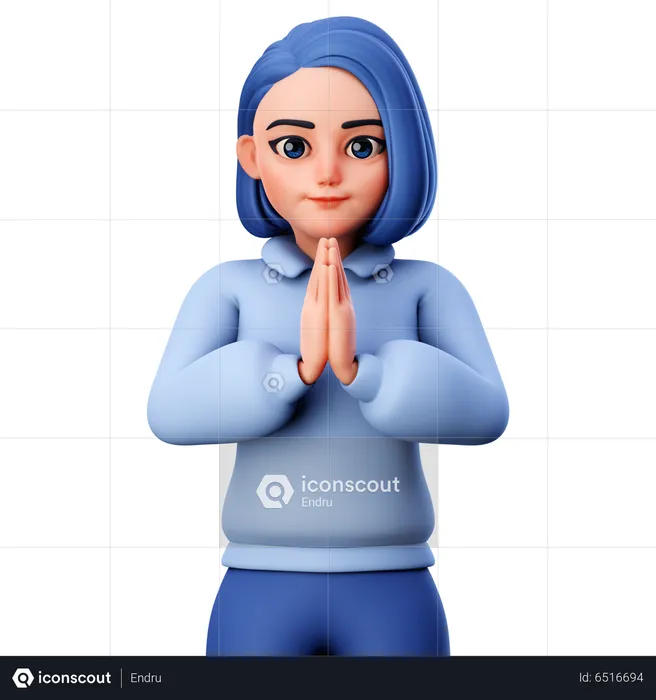 Jolie fille avec la main pliée ou le geste de la main Namaste  3D Illustration