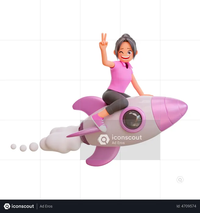 Jolie fille volant sur une fusée et montrant le signe de la victoire  3D Illustration