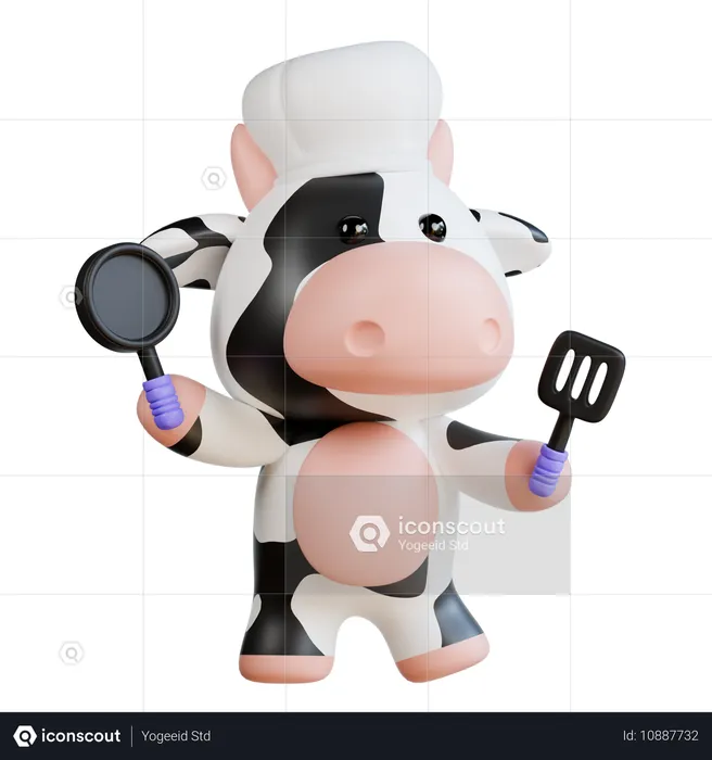 Une jolie vache en train de cuisiner dans la cuisine  3D Illustration