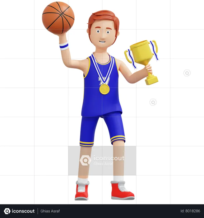 Champion de joueur de basket-ball tenant le trophée d'or  3D Illustration