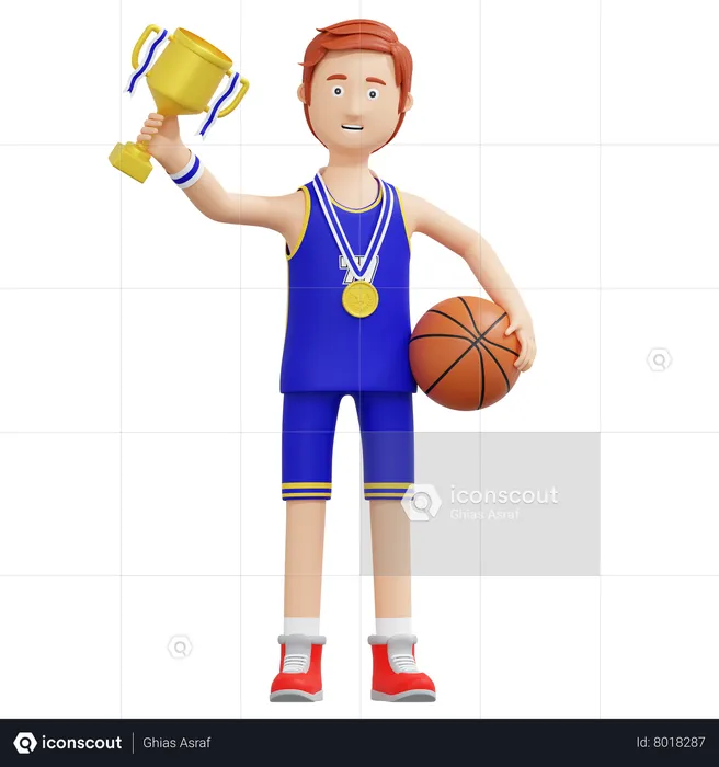 Champion de joueur de basket-ball tenant le trophée d'or  3D Illustration