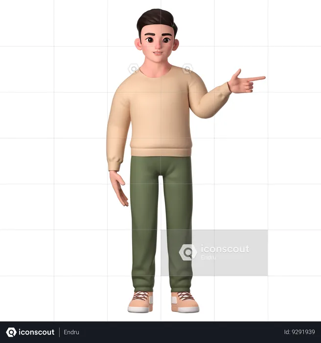 Jovem apontando para o lado esquerdo com a mão esquerda  3D Illustration