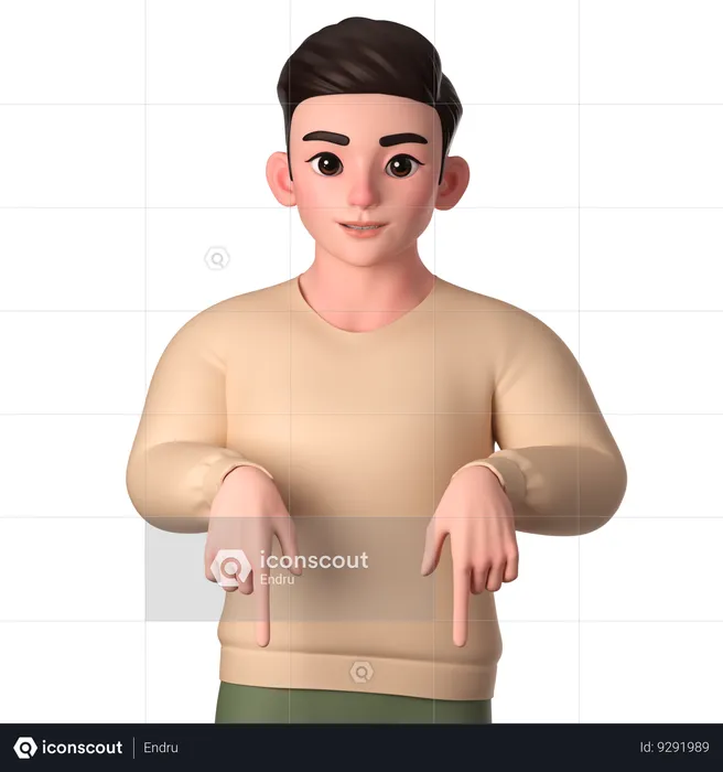 Jovem apontando para baixo com as duas mãos  3D Illustration