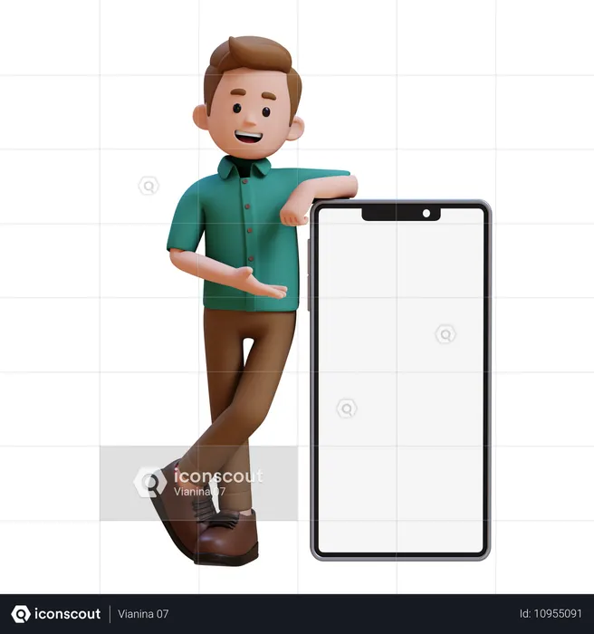 Jovem apresentando em um grande smartphone com tela vazia  3D Illustration