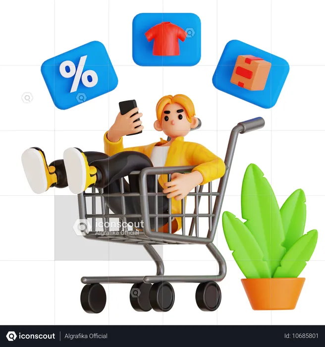 Jovem deitado no carrinho de compras enquanto faz compras online  3D Illustration