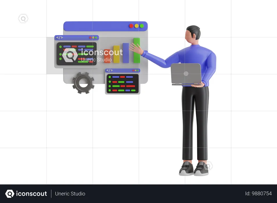 Jovem fazendo codificação e desenvolvimento  3D Illustration