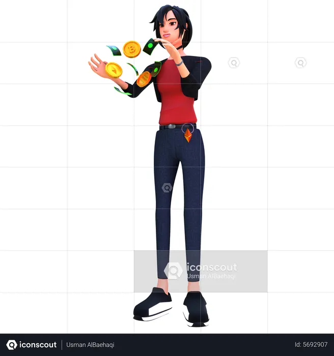 Jovem investindo dinheiro no mercado de criptografia  3D Icon