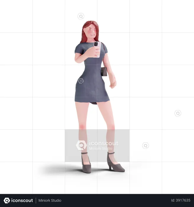 Mulher bonita jovem de vestido usando telefone  3D Illustration