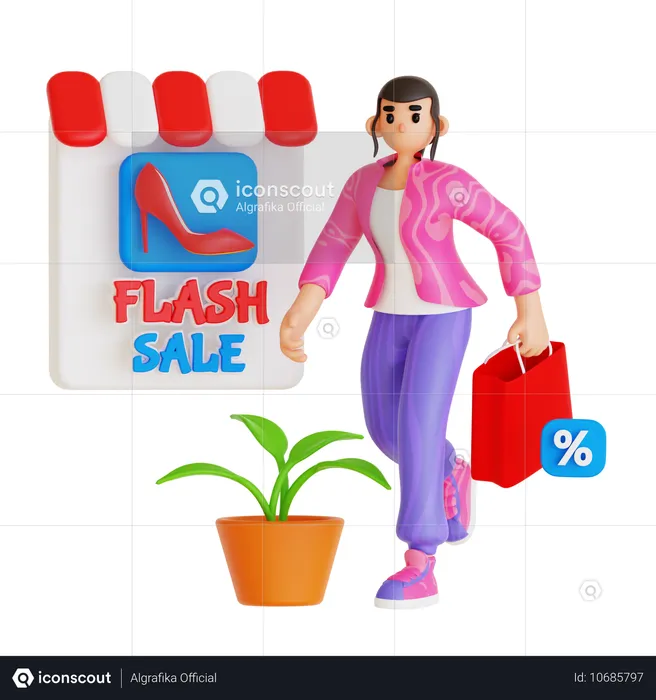 Jovem mulher fazendo compras on-line em liquidação relâmpago  3D Illustration