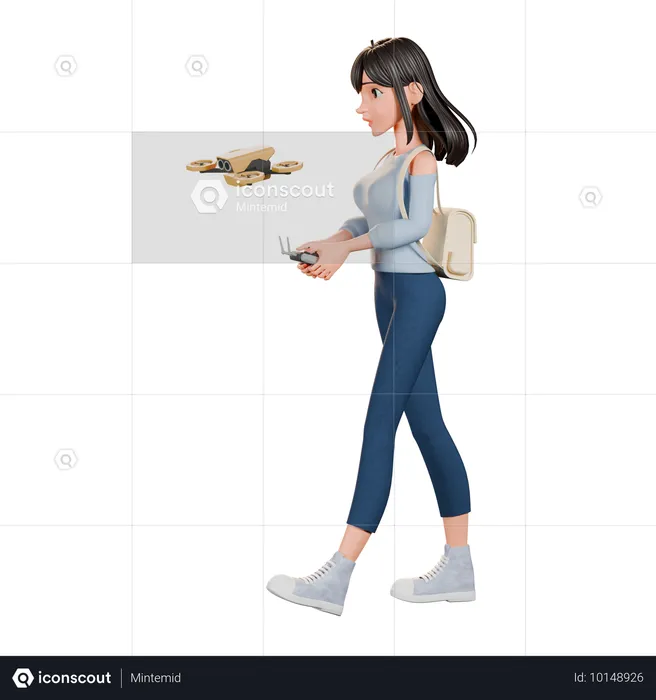 Jovem mulher operando drone  3D Illustration