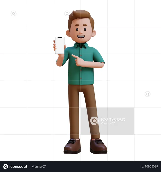 Jovem segurando e apontando para smartphone com tela vazia  3D Illustration