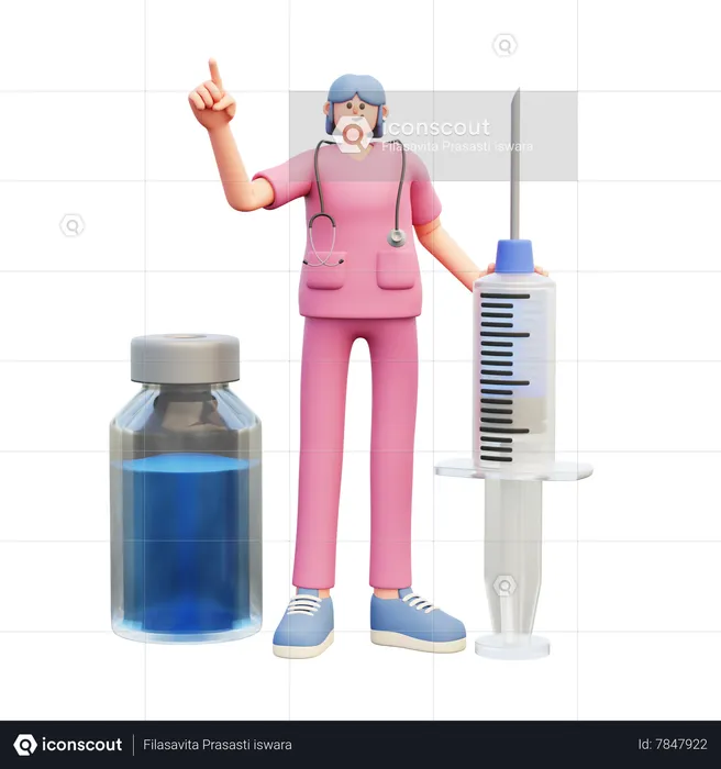 Médico joven de pie con jeringa y frasco de vacuna  3D Illustration