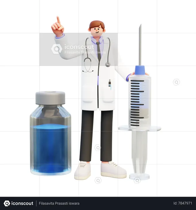 Médico joven de pie con jeringa y frasco de vacuna  3D Icon