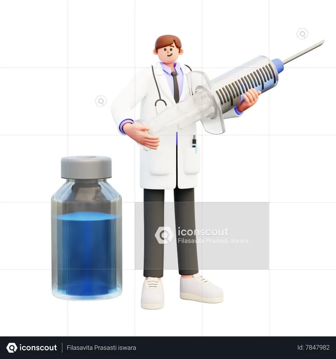 Médico joven sosteniendo una jeringa y de pie cerca del frasco de vacuna  3D Illustration