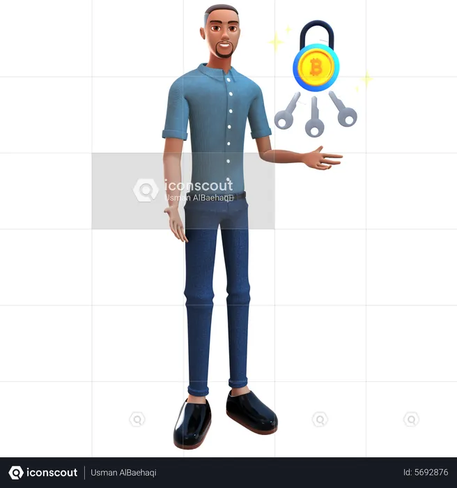 Joven invierte bitcoin seguro  3D Illustration