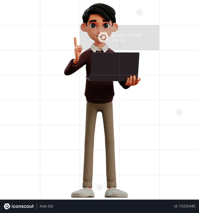 Joven sosteniendo una computadora portátil mientras piensa en algo  3D Icon