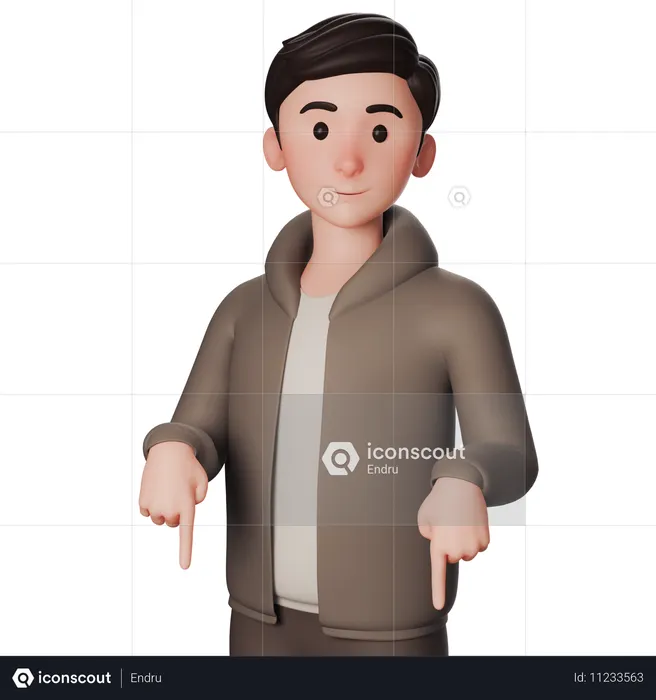 Joven vestido de marrón apuntando hacia abajo con ambas manos  3D Icon