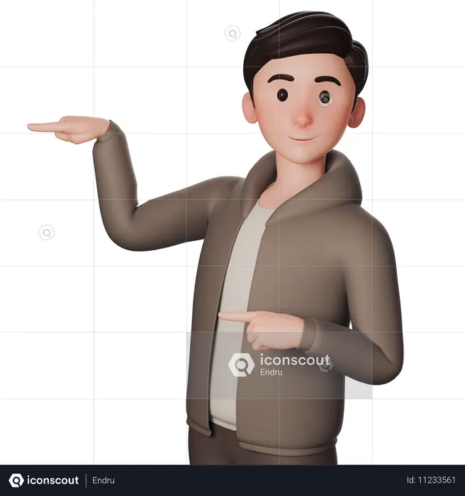 Joven vestido de marrón señalando el lado izquierdo con ambas manos  3D Illustration