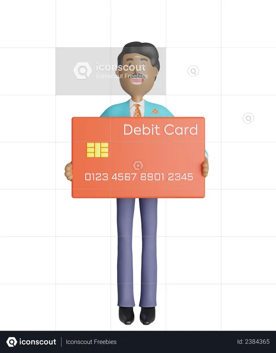 Joyful south Indian businessman standing and holding debit card  3D Illustration