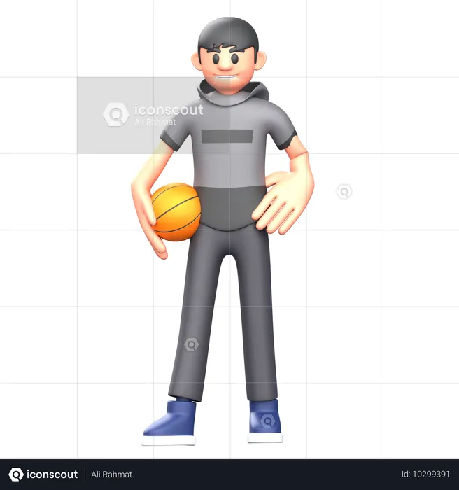 Jugador de baloncesto de pie con pelota de baloncesto  3D Illustration