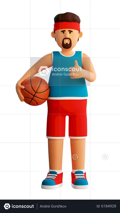 El jugador de baloncesto se para con la pelota y muestra los pulgares hacia arriba  3D Illustration