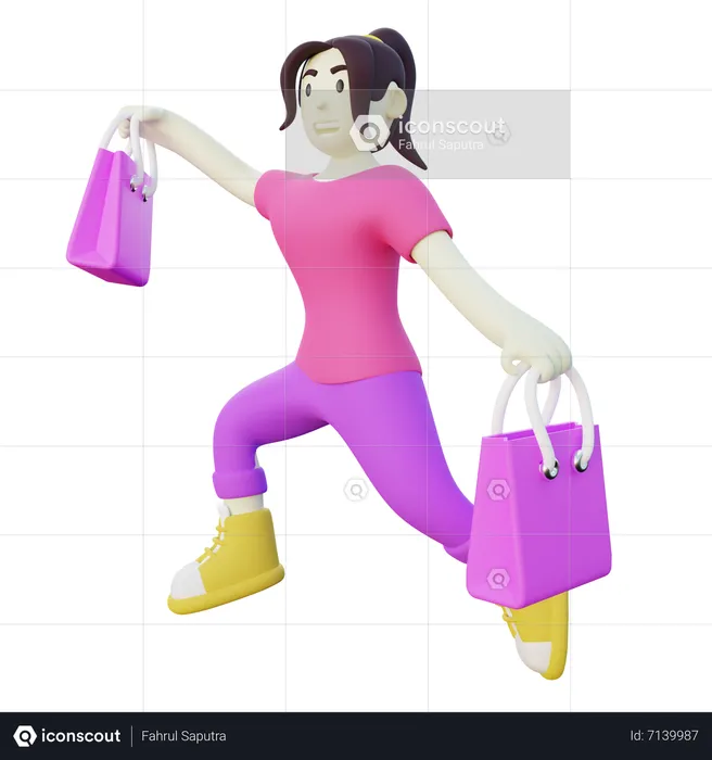Jumping Happy Woman After Shopping  3D Illustration