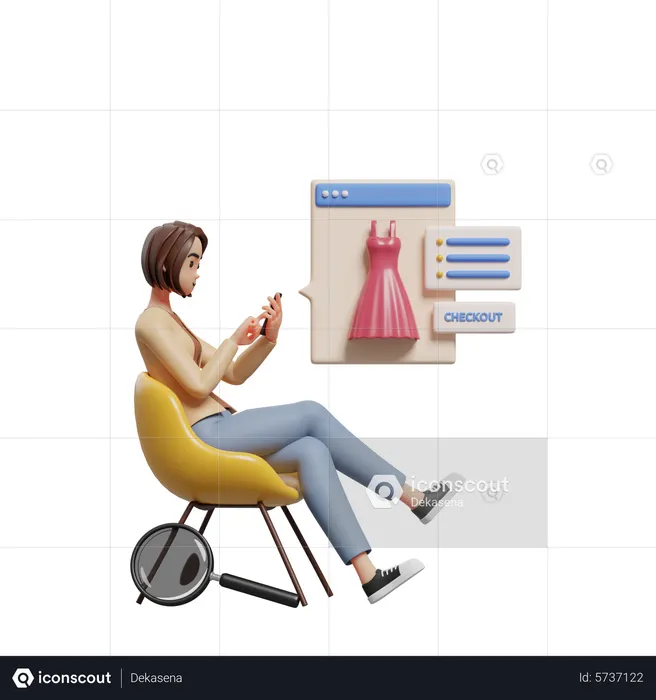 Junge Dame sitzt auf einem Stuhl und wählt Produkte zum Kauf aus  3D Icon