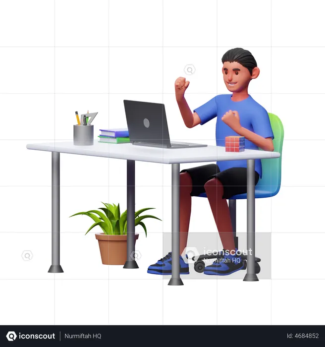 Junge feiert Arbeitserfolg  3D Illustration