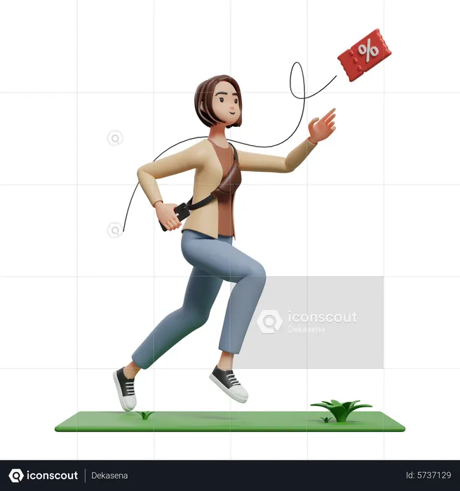 Junge Frau jagt Rabatt, während sie während eines Flash-Verkaufs ihr Handy in der Hand hält  3D Icon