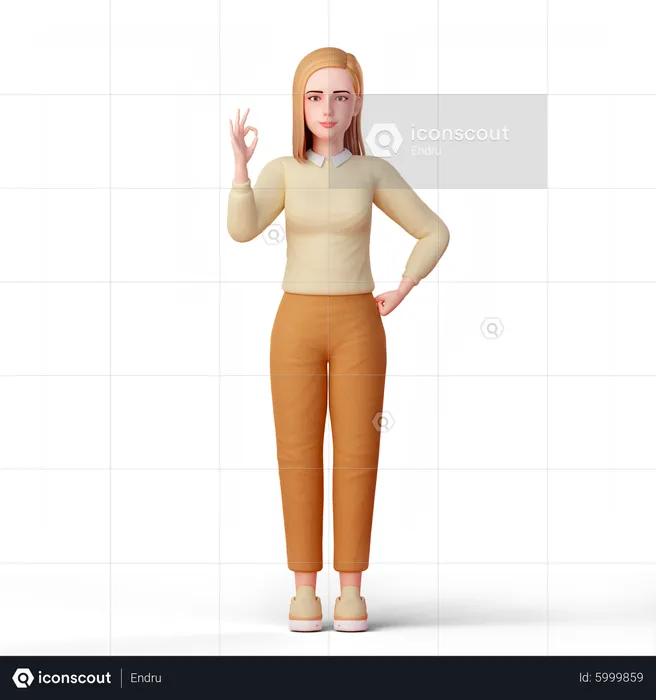Junge Frau steht und zeigt OK-Handgeste  3D Illustration