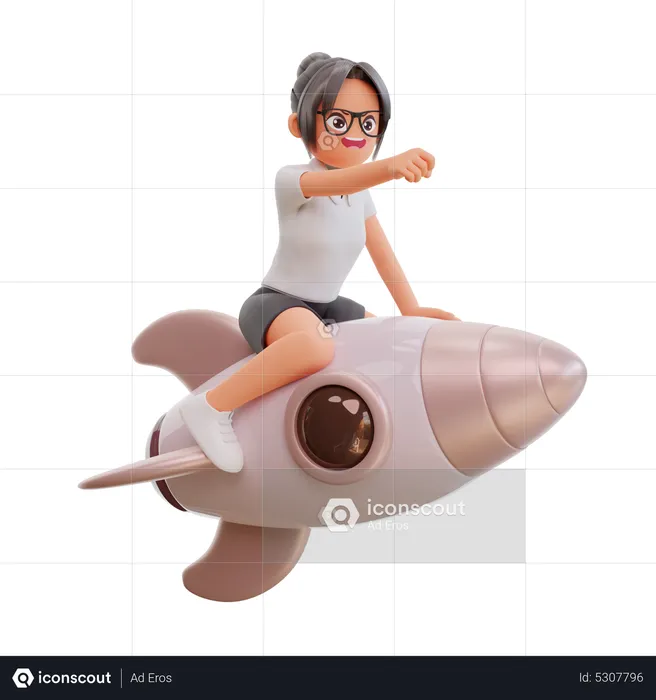 Junge Geschäftsfrau mit Rakete  3D Illustration