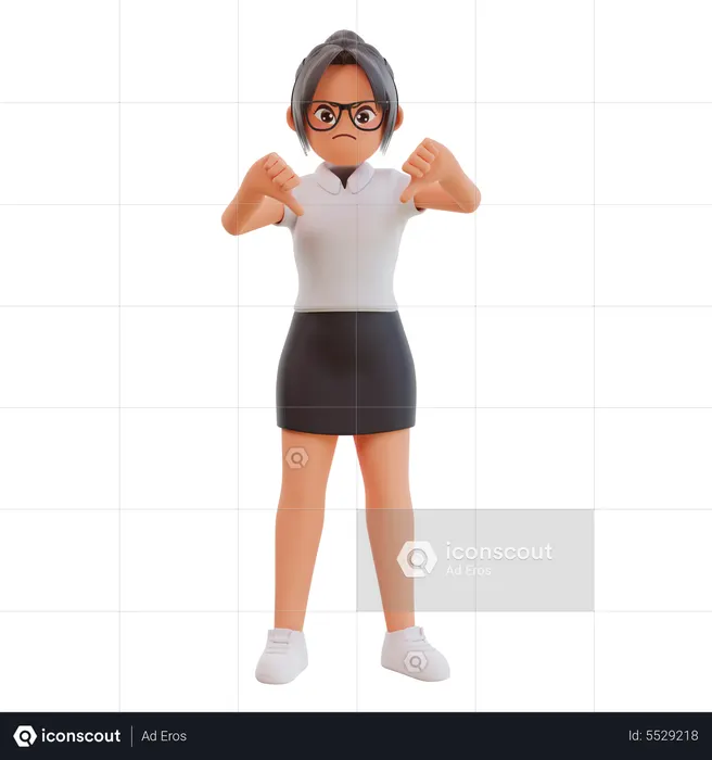 Junge Geschäftsfrau zeigt Daumen nach unten, um Abneigung und Enttäuschung auszudrücken  3D Icon