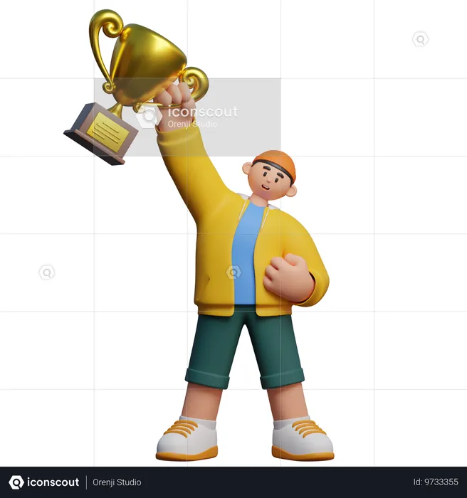 Junge hält Trophäe  3D Illustration