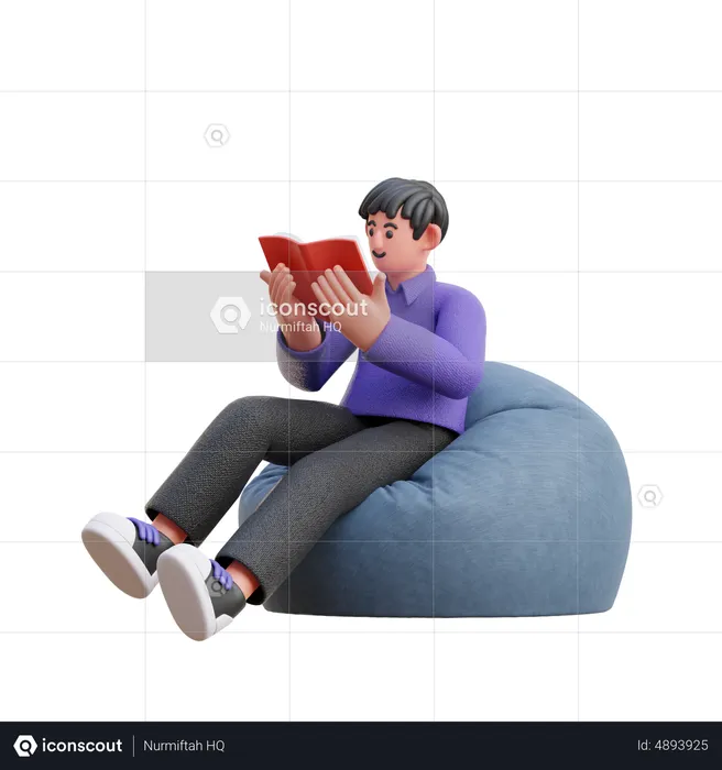 Junge liest Buch, während er auf einem Sitzsack sitzt  3D Illustration