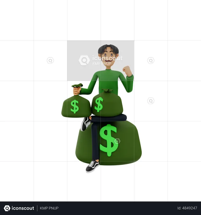 Junge mit Geldsäcken  3D Illustration