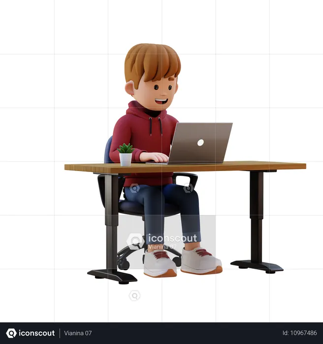 Hoodie Junge arbeitet am Laptop am Arbeitsplatz  3D Illustration