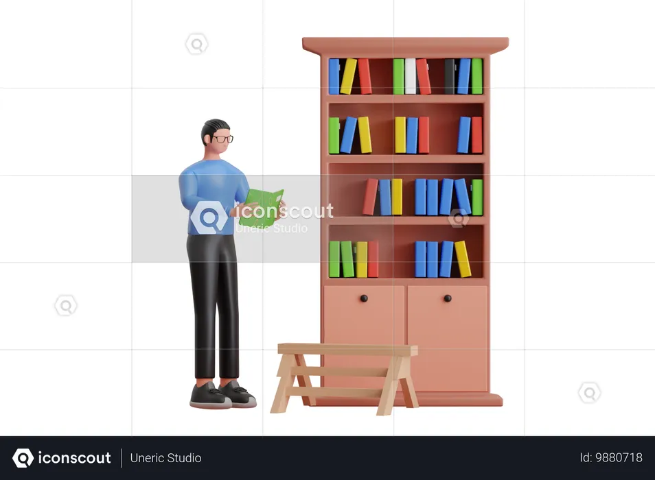 Junge recherchiert in einer Bibliothek  3D Illustration